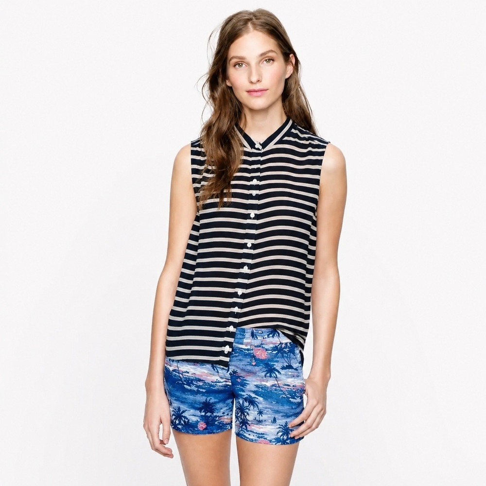 J. Crew Womens Striped Sleeveless Cotton Button Down Band Collar‎ Shirt 0 82101